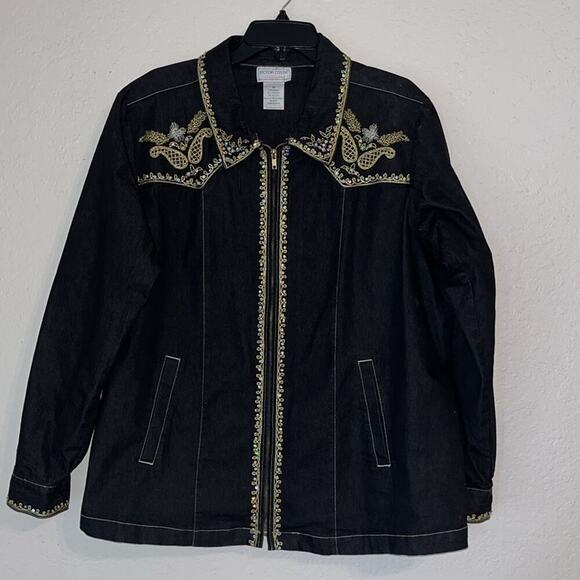 Vintage Victor Costa denim jacket embellished gold thread shiny sequins beads - Picture 3 of 10